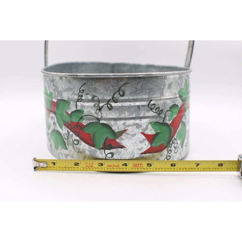 Hand-Painted Galvanized Tin Basket Handle Red Green Floral Design Decor Vintage - Picture 8 of 8